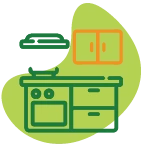 Icono de viva mi casa con vector de cocina y fondo verde, que representa la cocina de una vivienda